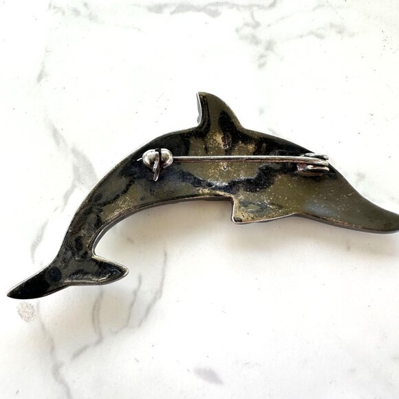 Sterling Silver & Abalone Dolphin Brooch Signed EPB 925 Vintage Hallmarked Jewel - Picture 7 of 8